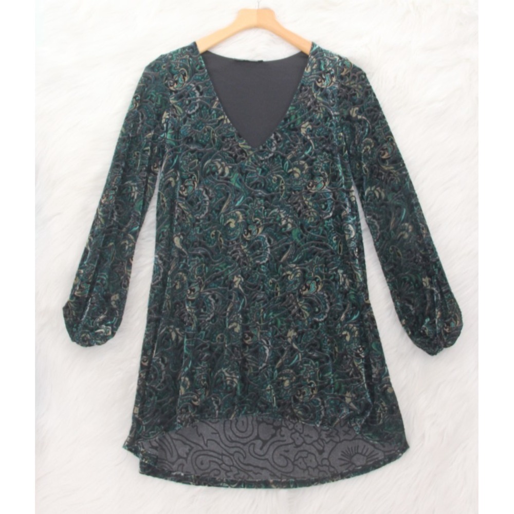 Honey Punch Womens Burnt Velvet Black Green High Low Top S Floral Witchy Fairy